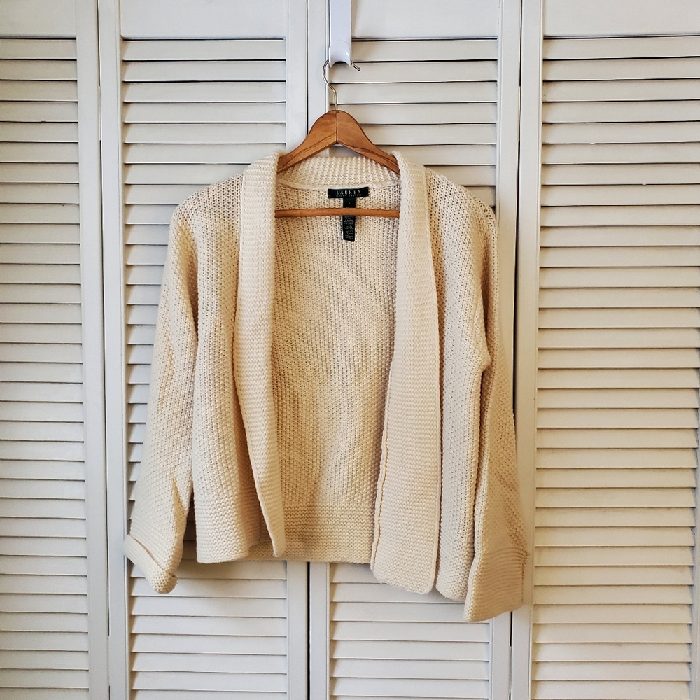 Lauren Ralph Lauren Open Front Knit Cardigan Lambswool Angora Cream Women's S